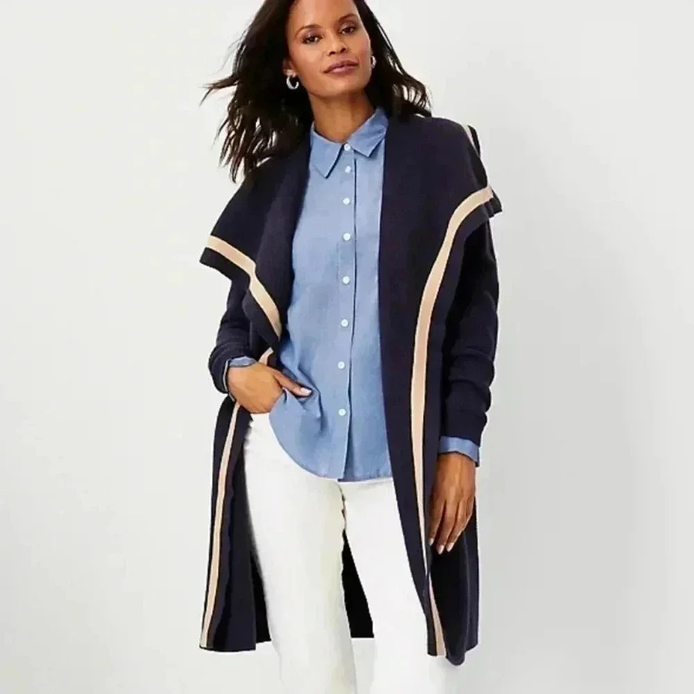 Ann Taylor Striped Trim Cascade Cardigan Navy Blue Camel Size XS Petite